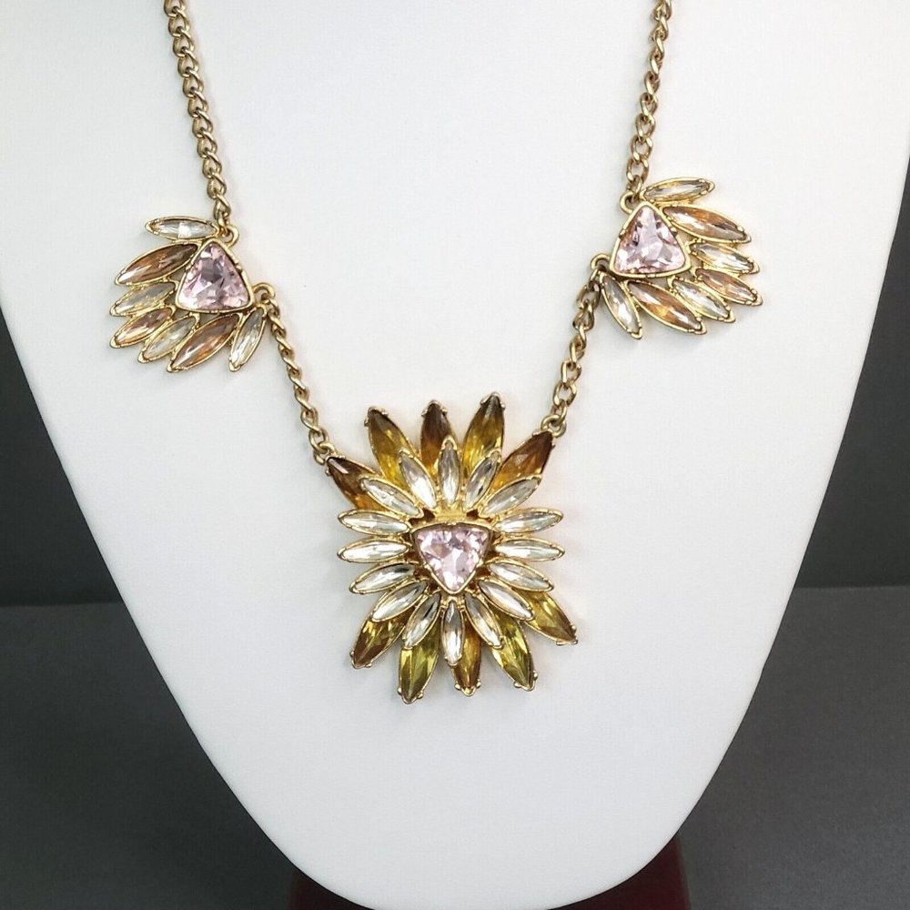 Nicole Miller Signed Gold Tone Starburst Floral Layered Fashion Necklace 19 in